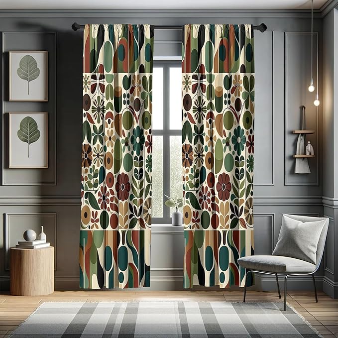 Ambesonne Scandinavian Window Curtains Pack of 2, Abstract Geometric Art of Leaves and Flowers with Bohemian Feel, Lightweight Set with Rod Pocket, 4 Panels of - 28" x 63", Olive Green Redwood Beige