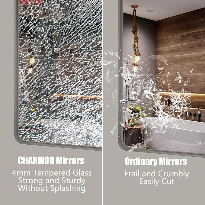 16x24 Inch Brushed Nickel Bathroom Mirror, Rounded Rectangle Silver Metal Frame Mirror, Silver Bathroom Vanity Mirror, Anti-Rust, Hangs Horizontally or Vertically