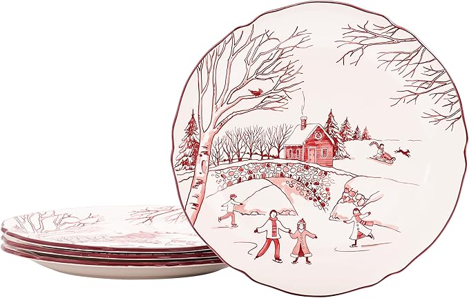 Bico Toile De Jouy Winter Wonderland Scalloped Dinner Plates, Ceramic, 11 inch, Set of 4, for Pasta, Salad, Maincourse, Microwave & Dishwasher Safe
