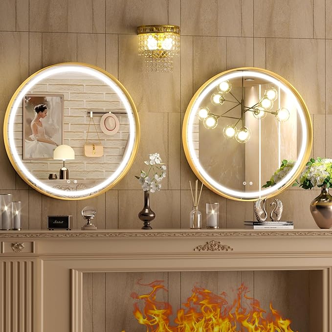 Hasipu 28 Inch Round LED Mirror for Bathroom with Lights, Gold Circle Vanity Mirror for Wall, Metal Framed Frontlit Bathroom Mirrors Anti-Fog, Dimmable, 3 Colors Makeup Mirror Wall Mounted