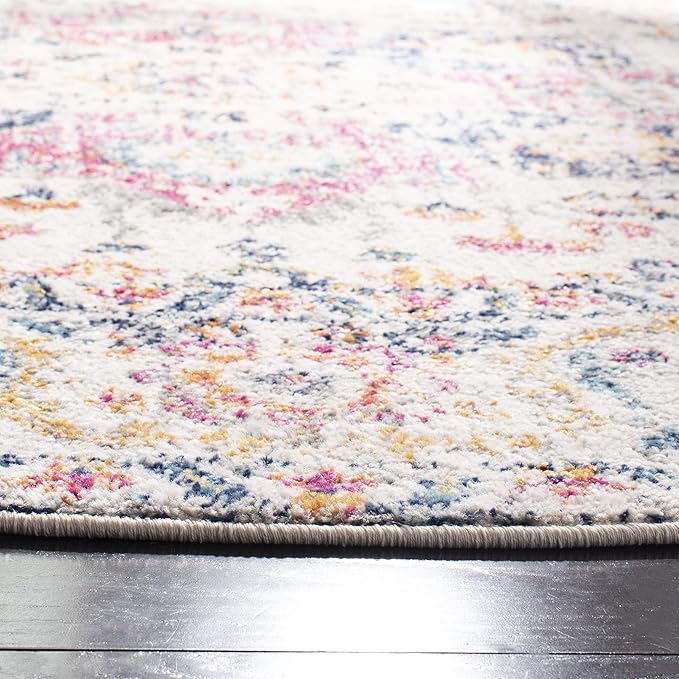 SAFAVIEH Madison Collection Area Rug - 8' Round, Purple Pink Fuchsia & Ivory, Boho Chic Distressed Design, Non-Shedding & Easy Cleaning, Ideal for Living Room, Bedroom, Office, Dining Space (MAD603R)