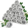 Serwalin 20pcs Artificial Silver Roses, 4'' Big Flower Head, Fake Roses Real Touch, Silk Roses Long Stems Realistic Bouquet for Wedding Parties Table Centerpiece and Home Decor