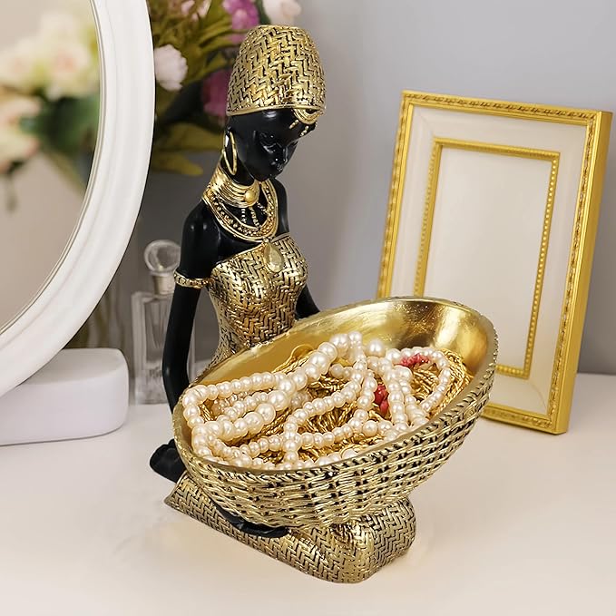 African Tribal Resin Statue - Handcrafted Gold Accent Figure with Bowl, Ethnic Home Decor Art Piece for Shelf & Table Display, Bohemian Gift Idea
