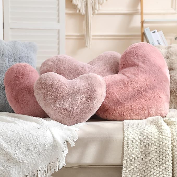 EastTree Heart Pillows, Bean Paste Pink Heart Shaped Pillows, Love Throw Pillows Gifts, Ultra Faux Rabbit Fur Soft Small Cute Fluffy Pillows, Women Girls Kid Living Room Decor 10x13 Inch