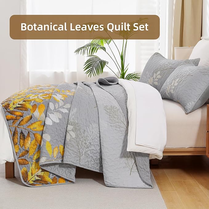 WONGS BEDDING Gold Quilt Set Queen Size, 3 Pieces Grey Gold Floral Bedspread Coverlet Set, Soft Microfiber Lightweight Floral Bedding Set Queen 96"×90"