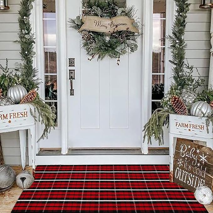 Christmas Plaid Outdoor Rug, 2' x 4'3'' Red & Black Check Indoor/Outdoor Area Rug, Layering Rug for Hello/Welcome Door Mat, Machine Washable Cotton Woven Farmhouse Mat for Front Porch Décor