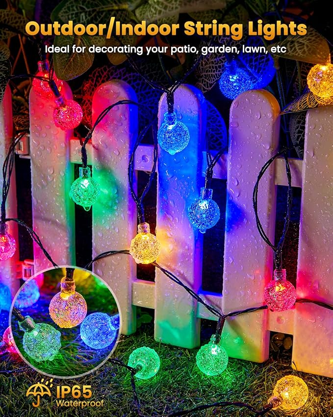 Brightown Solar String Lights Outdoor 60 Led 35.6 Feet Crystal Globe Lights with 8 Lighting Modes, Waterproof Solar Powered Patio Lights for Garden Yard Porch Wedding Party Decor (Multicolor)