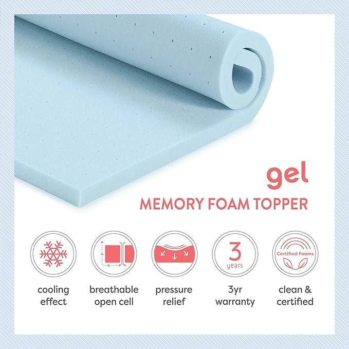 Best Price Mattress 4 Inch Ventilated Memory Foam Mattress Topper, Cooling Gel Infusion, CertiPUR-US Certified, Dorm Essentials, Short Queen