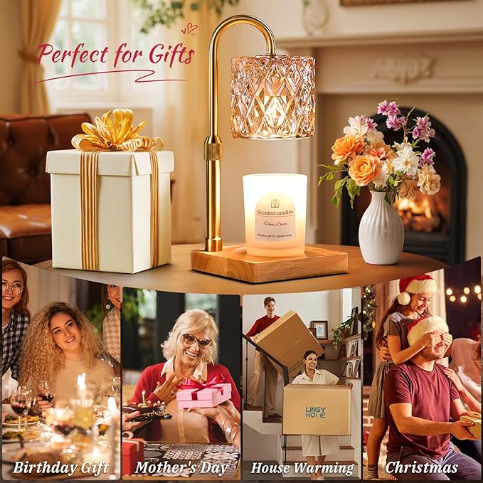 Hong-in Candle Warmer Lamp with Timer -Dimmable Adjustable Height,House Warming Gifts New Home,Vintage Home Decor with Elegant Amber Glass,Birthday Gifts for Women, Mom, Friend and Sister
