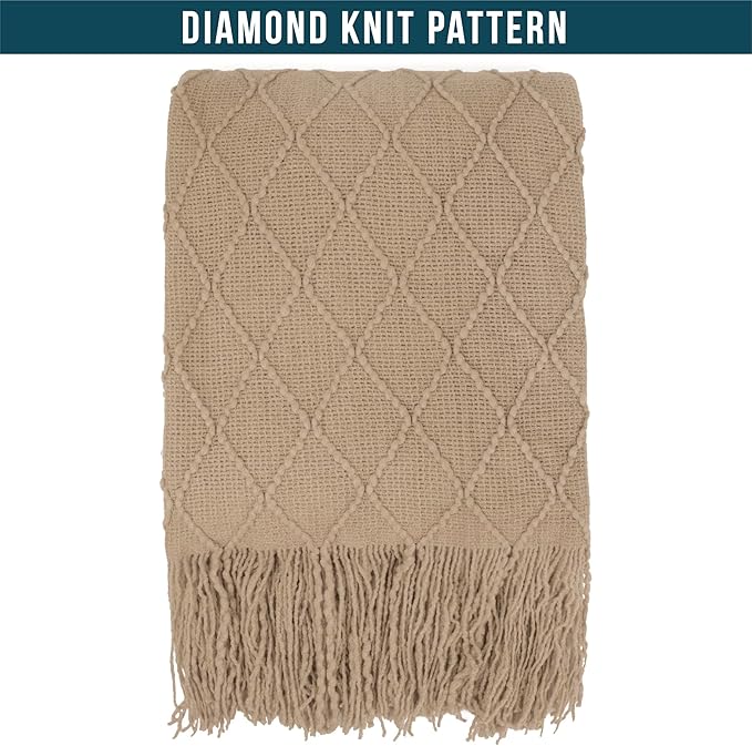 PAVILIA Tan Taupe Knit Throw Blanket for Couch Bed, Soft Knitted Farmhouse Sofa Throw for Living Room, Lightweight Decorative Fall Throw Blanket for Chair, Outdoor Textured Boho Blanket, 50x60