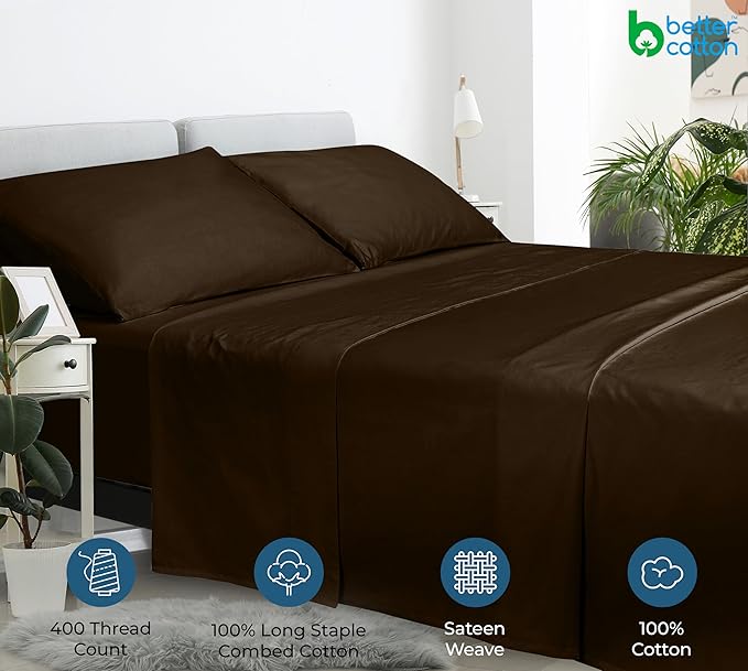 400 Thread Count 100% American Grown Cotton Chocolate Flat Sheet Only - Cooling Sheets - Luxury Sateen Weave - Full Size Flat Sheet Sold Separately - Super Soft Cotton Top Sheets (Full, Hazel Nut)