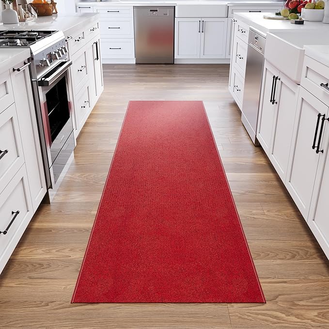 Ottomanson 2'7" x 12' Ultra-Thin Hallway Runner Rug - Durable Non-Slip Carpet for High-Traffic Areas - Fits Under Doors for Seamless Entry - Ideal for Kitchen, Entryway, Bedroom & Living Room, Red
