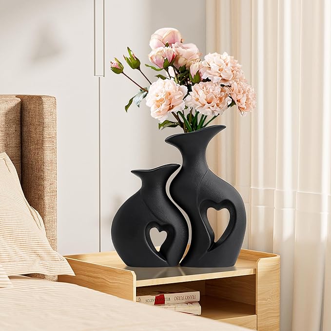 XL Black Snuggle Hollow Ceramic Vase Set of 2,Minimalist Decorative Modern Vases,Heart Shaped Flower Vase for Home Decor (XL Black W 9.7" X H 10.1")