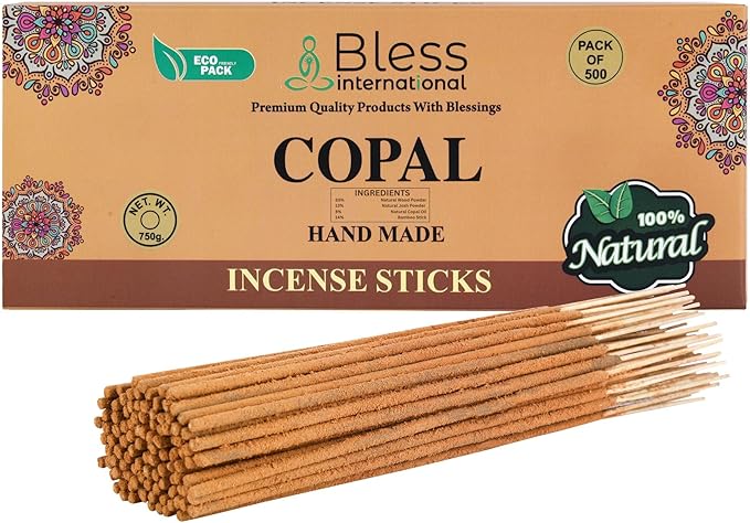 Bless-Copal 100%-Natural-Handmade-Hand-Dipped-Incense-Sticks Organic-Chemicals-Charcoal-Free Purification-Relaxation-Positivity-Yoga-Meditation Best-Woods-Scent (500 Sticks(26 OZ))