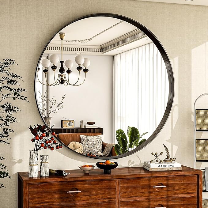 36 inch Round Bathroom Mirror, Black Metal Deep Frame Wall Mounted Circle Mirror for Wall Decor, Living Room, Vanity, Entryway, Hanging or Leaning