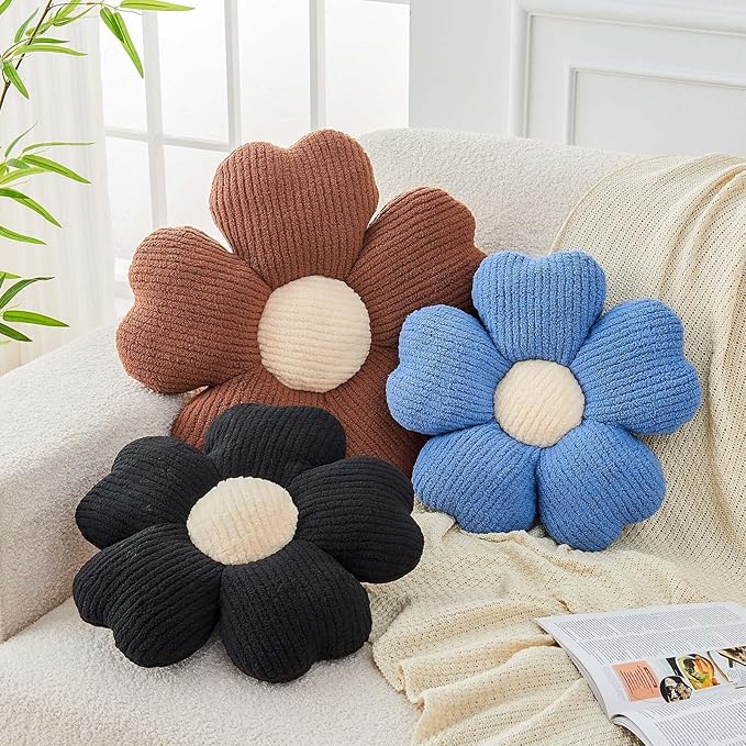 Flower Throw Pillow, Cute Flower Shaped Pillow Decorative Throw Pillow for Bed Couch, Soft Daisy Pillows Floor Seating Cushion Cushions (14.9 Inch Brown)