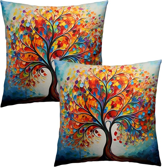 Colorful Tree Painting Pillow Cover - Watercolor Trees Throw Pillow Covers 22x22 Set of 2 Botanical Throw Pillow Covers Forest Pillowcase Spring Summer Decor for Indoor Outdoor