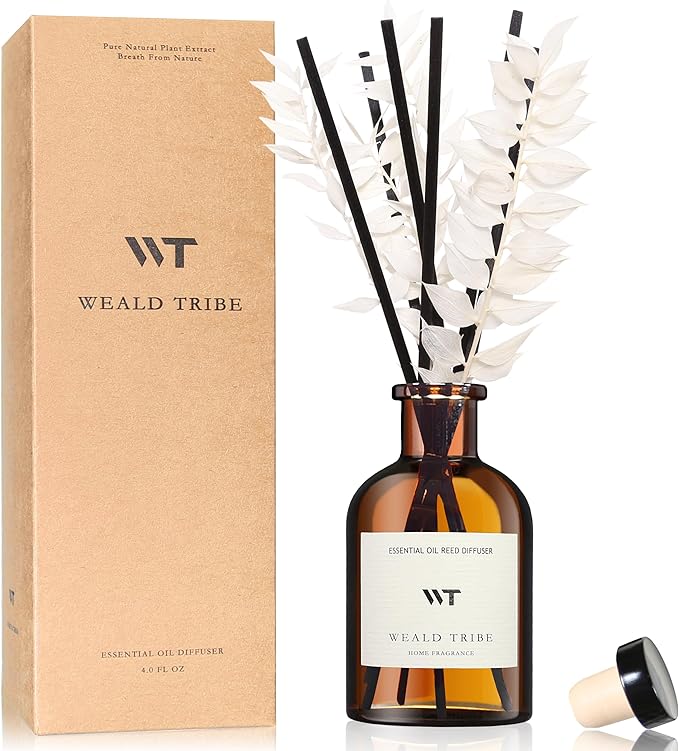 WEALD TRIBE Reed Diffuser Set for Bathroom Air Fresheners, Oil Diffuser Sticks | White Tea Scent 4.0 fl oz Home Fragrance with Sticks Defusers | House Bedroom Office Shelf Decor