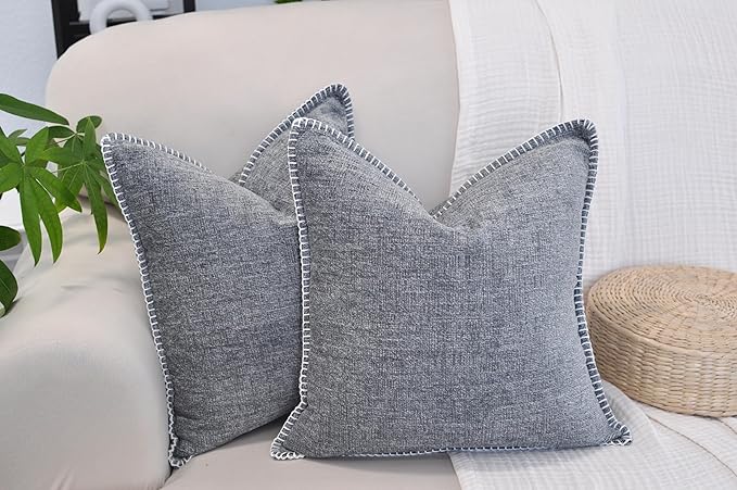 Stitched Edge Soft Throw Pillow Covers Dark Grey 20x20 inches Set of 2 Textured Velvet Gray Chenille Cushion Covers Farmhouse Decorative Pillow Covers for Living Room, Chairs, Couch