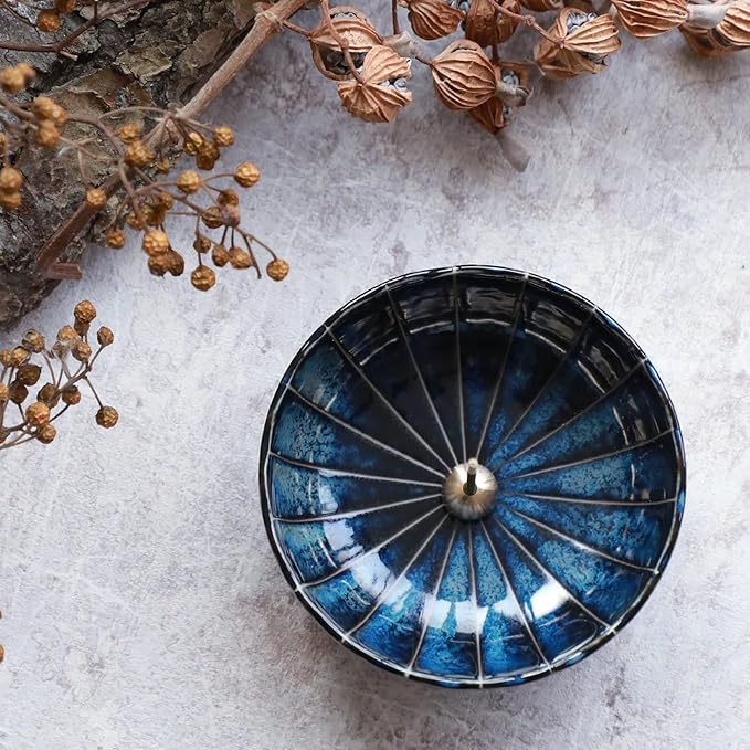 Asayu Japan Lotus Incense Holder for Sticks 4.1 inch (105 mm), Traditional Made in Japan Ceramic Ash Catcher and Brass Incense Burner Set - Navy Dark Blue Lotus