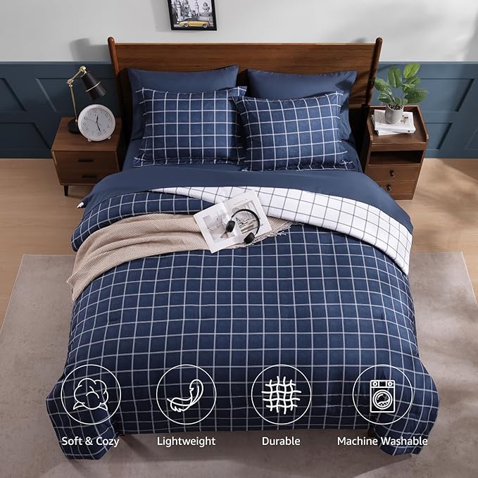 Plaid Queen Size Comforter Set Dark Blue, Reversible Checkered Bedding Set 7 Pieces for Boys Girls Teen, Lightweight All Season Bed in a Bag with Sheets, Pillowcases & Shams