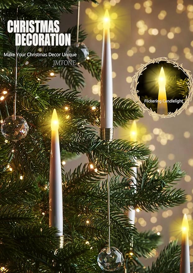 Christmas Tree Candles, 12 Pack Flameless Taper Candles for Christmas Tree Decor, Battery Operated with Remote Flickering LED Candles with Clear Crystal Ball Gold Hook for Xmas Wedding Home Gift
