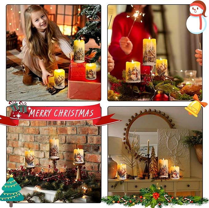 Christmas Flameless Flickering LED Candles with Remote Timer,Battery Operated 3D Wick Pillar Candles Fiber OIptic Decorative Lights Set of 3 for Decorations Indoor
