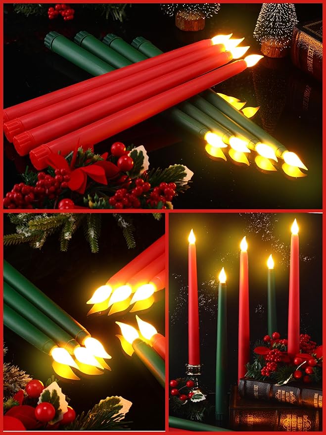 Funtery 48 Pcs Flameless LED Taper Candles 11 Inch Battery Operated Flickering Candles Bulk for Christmas Church Wedding Party (Red, Green, Classic Style)