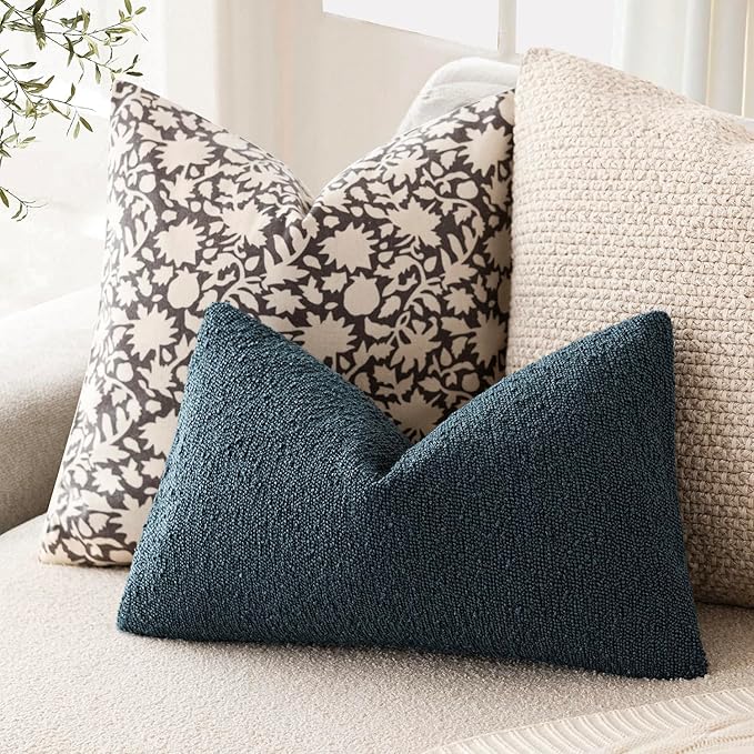 Foindtower Decorative Textured Boucle Throw Pillow Covers Accent Solid Lumbar Pillow Cases Soft Cozy Couch Cushion Case for Chair Sofa Bedroom Living Room Home Decor 12x20 Inch,1PC,Dark Blue