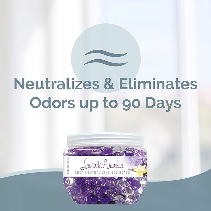 SMELLS BEGONE Odor Eliminator Gel Beads - 12 oz, Pack of 2 - Eliminates Odor in Bathrooms, Cars, Boats, RVs & Pet Areas - Air Freshener - Made with Essential Oils - Lavender Vanilla Scent