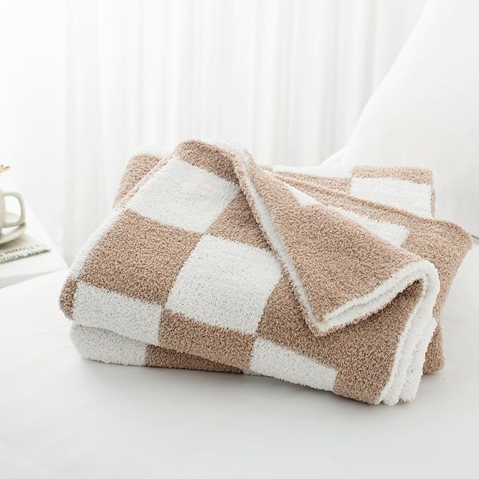 Carriediosa Checkered Throw Blanket 60" X 80" Twin, 400GSM Ultra Soft Microfiber Fuzzy Fluffy Reversible Cute Preppy Knitted Blankets Cozy Plush Fall Throws for Couch, Bed, Sofa, Taupe
