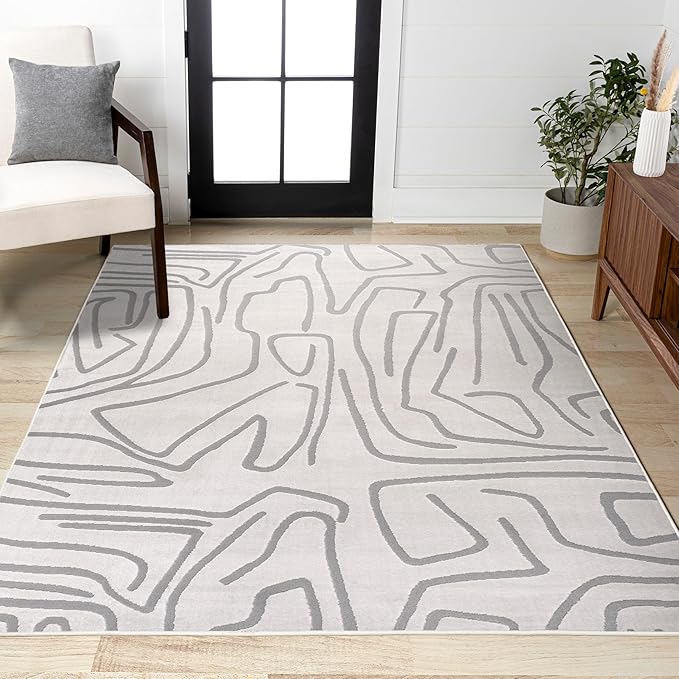 JONATHAN Y Graphic Lines High-Low Indoor Area Rug 5X8 White/Light Gray, Alcina Modern Scandinavian for Living Room, Bedroom, Kitchen, Easy-Cleaning, High Traffic, Pet-Friendly, Non-Shedding SND102C-5