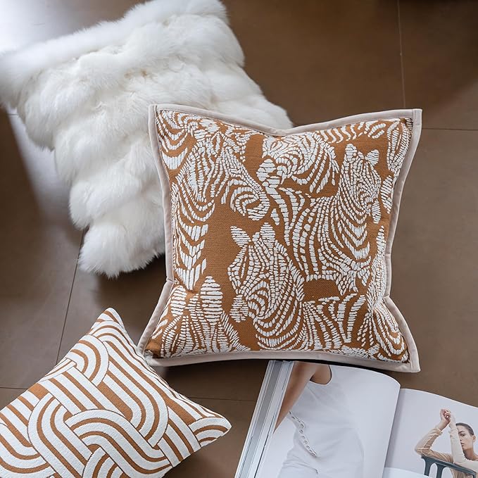 Premium Throw Pillow Covers 18x18 Inches - Framed Tawny Birch Zebra Chenille Jacquard Embroidery Decorative Couch Pillow Covers for Living Room Bedroom Sofa Home Décor