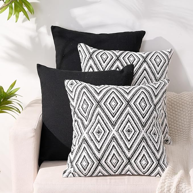 HPUK Decorative Throw Pillow Covers Set of 4 Geometric Design Linen Cushion Cover for Couch Sofa Living Room, 18"x18" inches, Black
