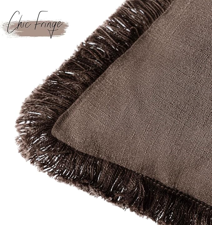 Foindtower Set of 2 Decorative Linen Fringe Throw Pillow Covers Boho Farmhouse Cushion Cover with Tassels Soft Accent Pillowcase for Couch Sofa Bed Living Room Home Decor,16×16 Inch,Reddish Brown