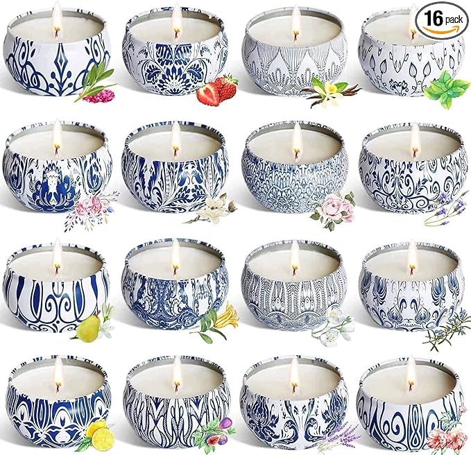 Set of 16 Small Scented Candles,Blue and White Aroma Naturals Candles,2.5 OZ Soy Wax Travel Tin Jar Candles,Appropriate Gifts for Mom,Christmas, Birthday, Thanksgiving.