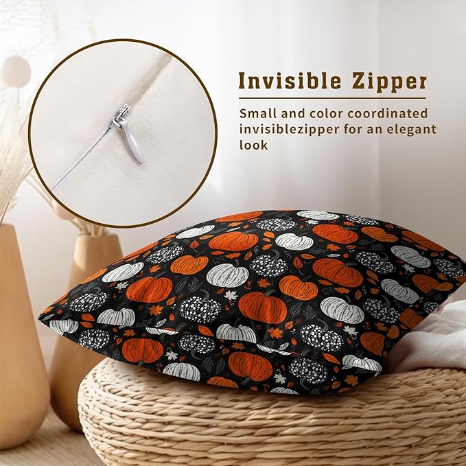 Fall Pillow Covers 16x16 - Thanksgiving Throw Pillow Covers 16x16 Pumpkin Maple Leaves Pillowcase Set of 2 Botanical Autumn Cushion Cover for Sofa Home