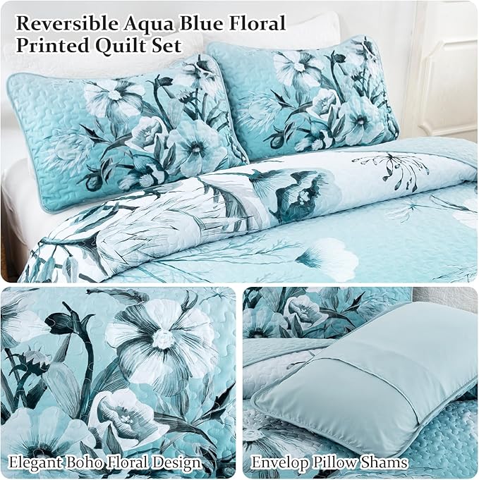 Blue Floral Quilt Set King Size 3 Pieces Boho Flower Quilt Coverlet Set Soft Microfiber Lightweight Floral Quilted Bedspread with 2 Pillow Shams for All Season 90"x104"