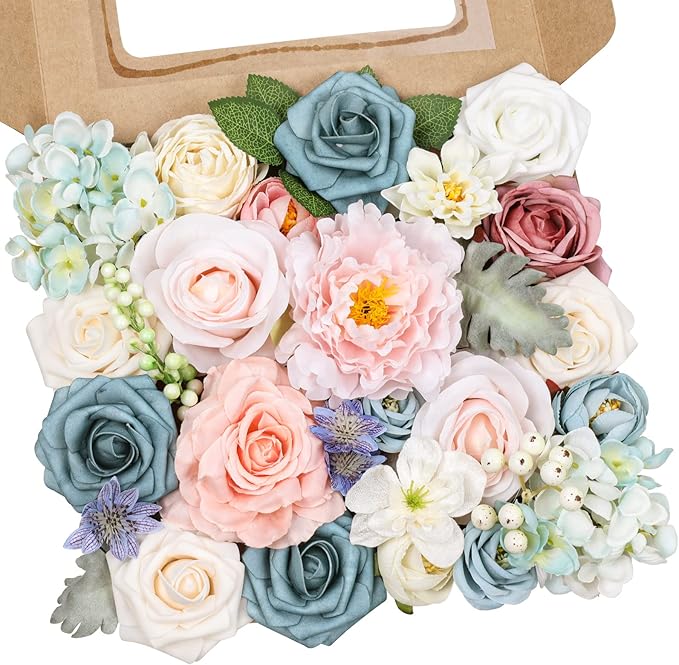 AmyHomie Blue Pink Artificial Flowers Combo Silk Mix Peony Rose Hydrangea Daisy Fake Flowers w/Stem for DIY Wedding Bouquets Centerpieces Arrangements Table Decor Party Bridal Baby Shower Home Decor