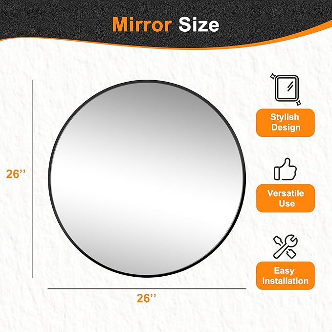 Black Frame Mirror, Bathroom Mirrors for Wall,26'' Round Circle Mirror for Entryway Bedroom Vanity(26'',Black)