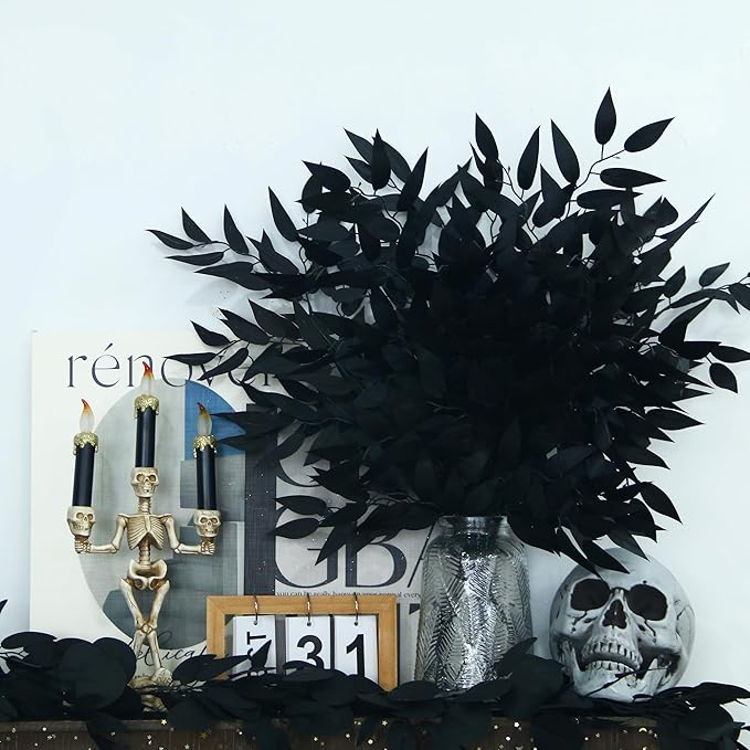 GREENTIME 6 Pack Artificial Black Italian Ruscus Stems 23.5'' Faux Halloween Leaf Bouquet for Vase Fireplace Table Centerpiece Decor