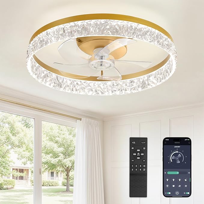 LEDIARY 22" Modern Ceiling Fans with Lights and Remote, Dimmable Low Profile Ceiling Fan, Flush Mount Fan, Stepless Color Temperature Change and 6 Speeds - Gold