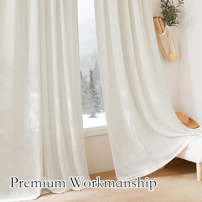 RYB HOME Semi Sheer Curtains - Linen Blend Privacy Curtains Sheer Window Treatment Drapes Farmhouse Decor for Bedroom Living Room Sliding Glass Door, 52 inch Wide x 95 inch Long 2 Panels, Linen