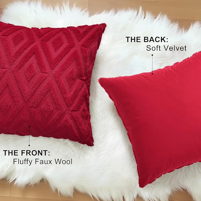 decorUhome Christmas Couch Throw Pillow Covers 20x20 Set of 2, Decorative Soft Plush Faux Wool Neutral Accent Pillow Covers for Bed Sofa Living Room, Red