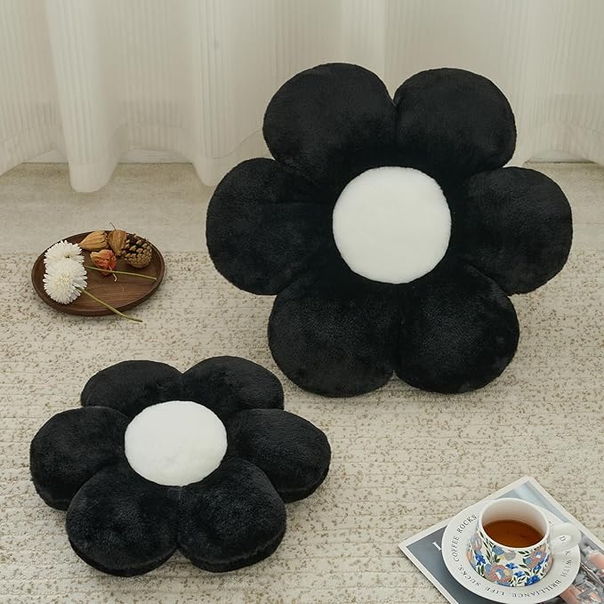 Flower Pillow, Decorative Throw Pillows for Couch Bed, Cute Daisy Home Decor Flower Shaped Pillows for Bedroom Living Room (Black, 19.6 Inches)