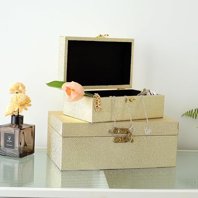 Faux Leather Decorative Storage Boxes Set of 2, Gold