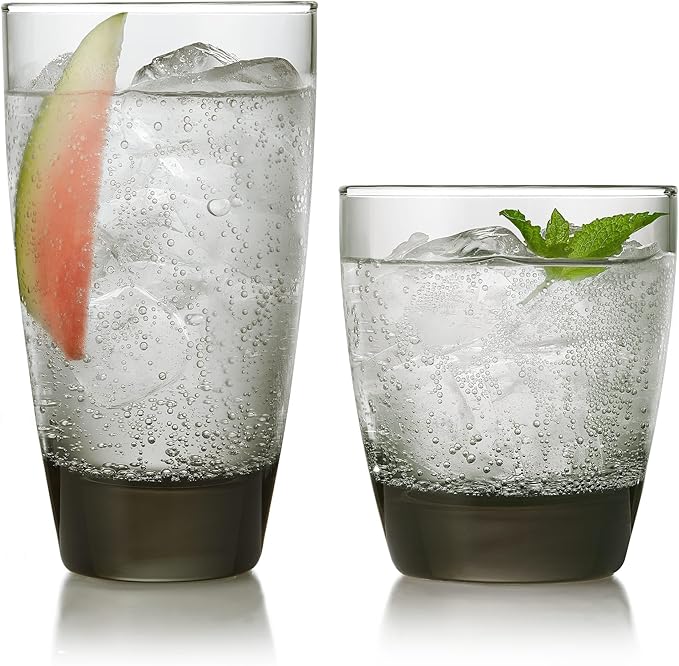 Libbey Classic Rocks and Tumbler Glasses Set of 16, Smoke Hue, Lead-Free Water Glasses, Dishwasher Safe Drinking Glasses Set