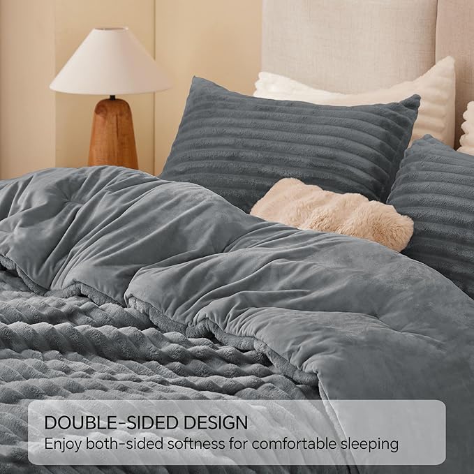 BEDELITE Fleece King Comforter Set -Super Soft & Warm Fluffy Grey Bedding, Luxury Fuzzy Heavy Bed Set for Winter with 2 Pillow Cases