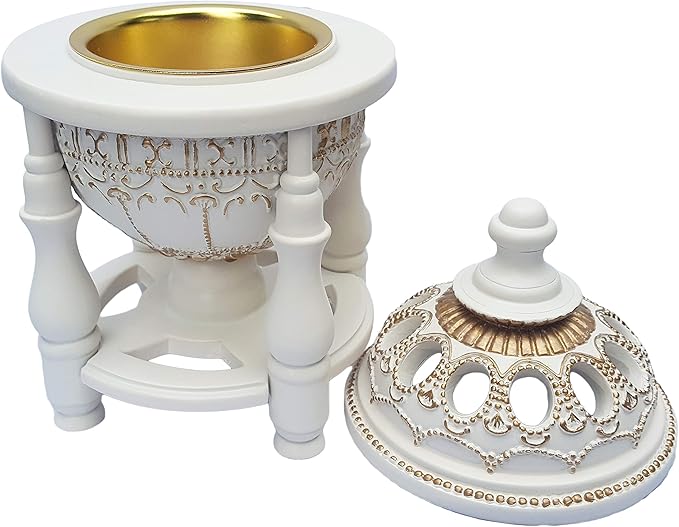AM Charcoal Incense Burner - Bakhoor Burner, Oud Frankincense Resin Burner for Office & Home Decor - Lavish 4 Pillar (White)