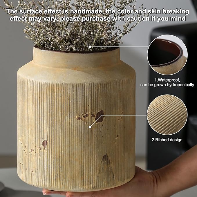 Farmhouse Vase for Home Decor, Vintage Rustic Terracotta Flower Vase Suitable for Home Decor, Living Room, Shelf, Dining Table. 7IN （Earthy Yellow） ZSHLXM